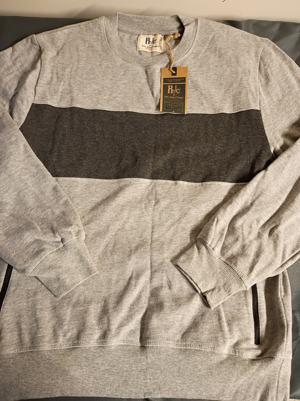 RJC Men's Light Gray Crewneck Sweater with Charcoal Chest Stripe